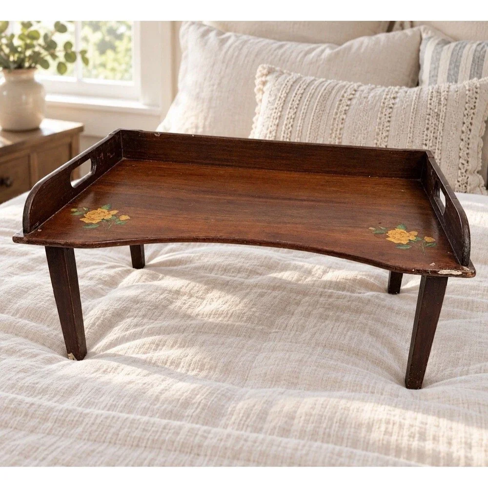 Vintage Wood Folding Bed Tray Yellow Rose Floral Breakfast Lap Table Cottage MCM